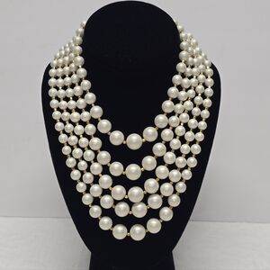 Vintage Japanese 5 Strand White Faux Pearl Elegant Statement Necklace Wedding